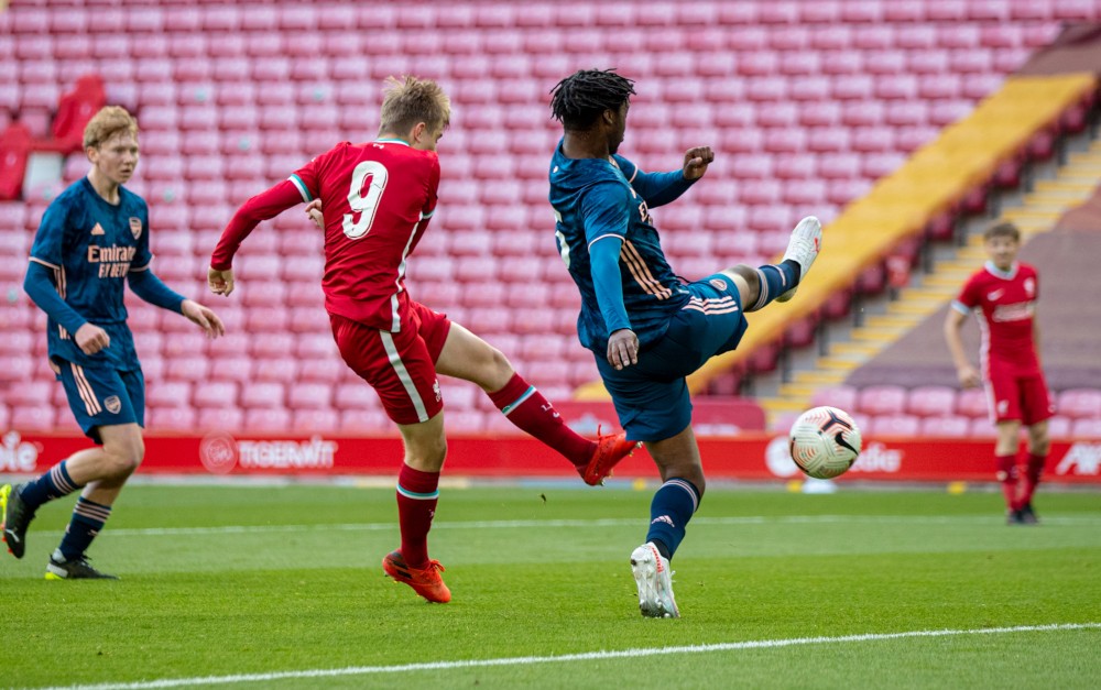LIVERPOOL, ENGLAND - Friday, April 30, 2021: Liverpool’s Max Woltman scores the first goal during the FA Youth Cup Quarter-Final match between Live...