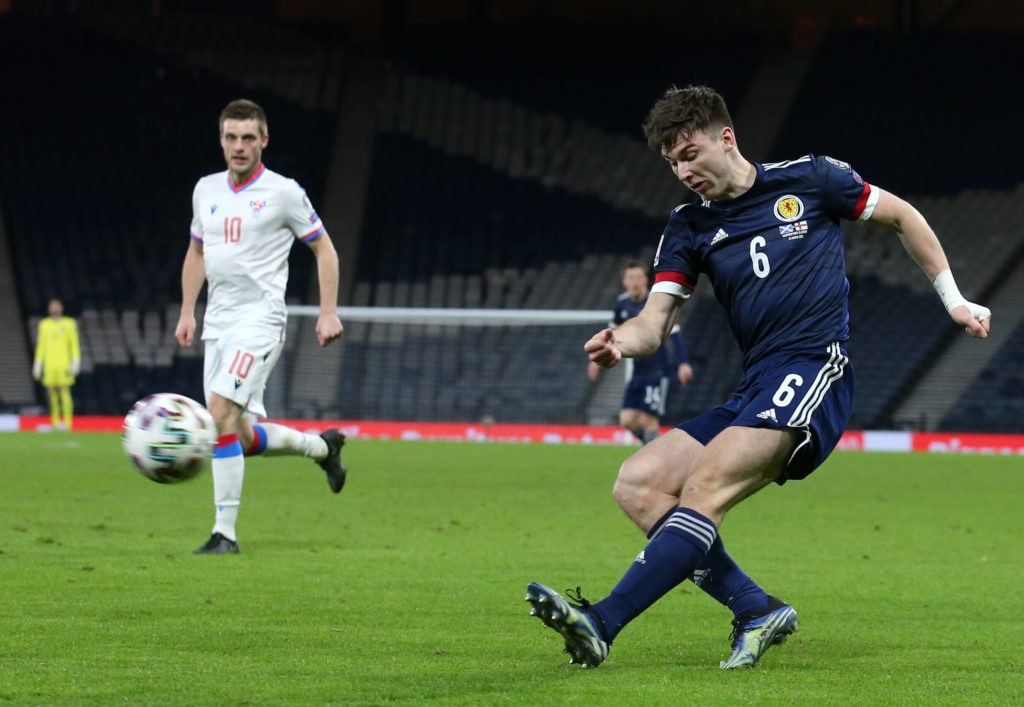 Kieran Tierney in action during the 2022 FIFA World Cup Qualifying match at Hampden Park, Glasgow. Picture date: Wednesday March 31, 2021. Copyright: Andrew Milligan