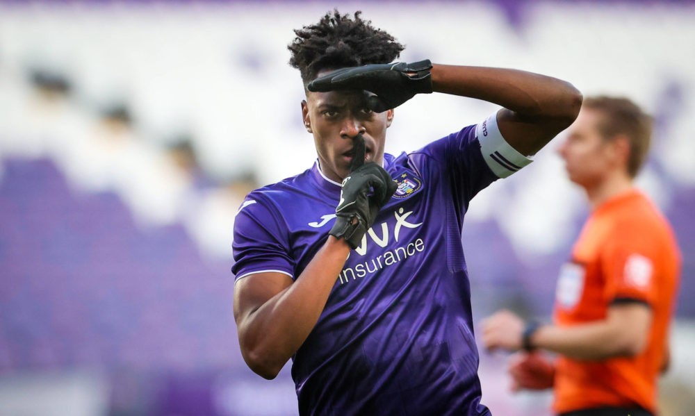Anderlecht's Albert Sambi Lokonga celebrates after scoring during a soccer match between RSC Anderlecht and Club Brugge KV, Sunday 11 April 2021. P...