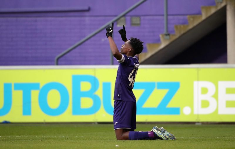 Albert Sambi Lokonga of Anderlecht celebrates after scoring the 2-1 goal during the Jupiler Pro League match day 33 between RSC Anderlecht and Club...