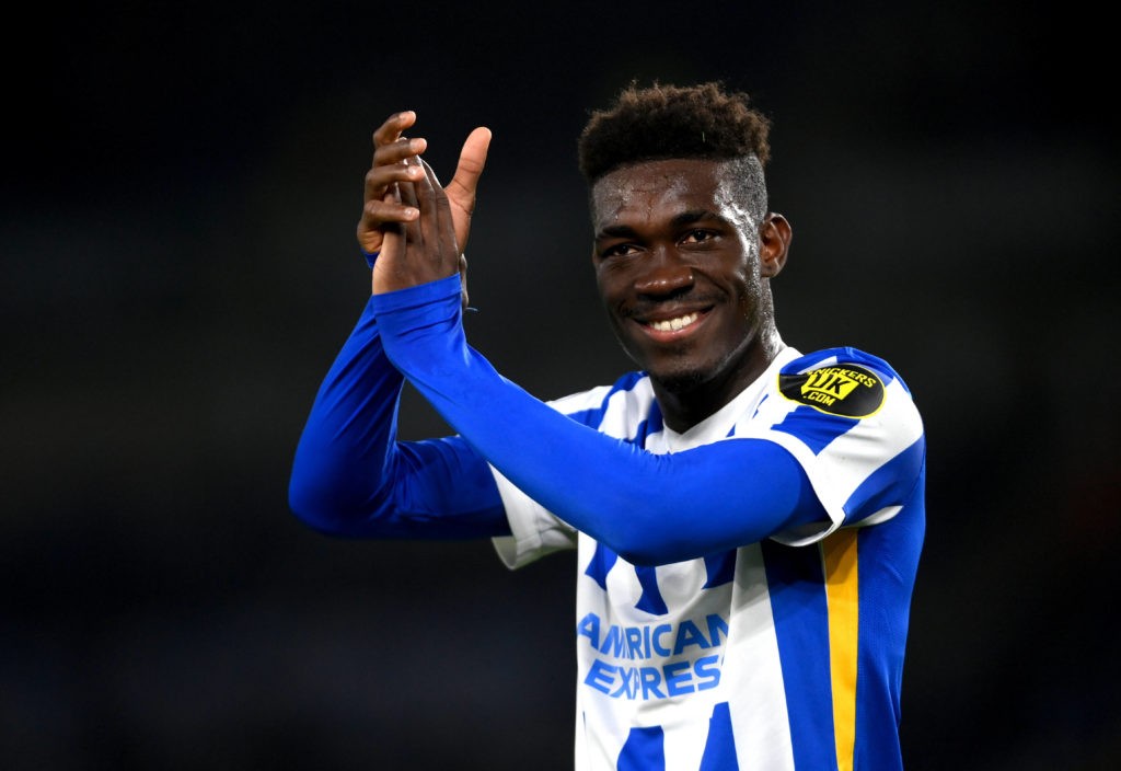 Brighton and Hove Albion's Yves Bissouma applauds the fans at the end of the Premier League match at the AMEX Stadium, Brighton. Picture date: Tuesday, May 18, 2021. Copyright: Mike Hewitt