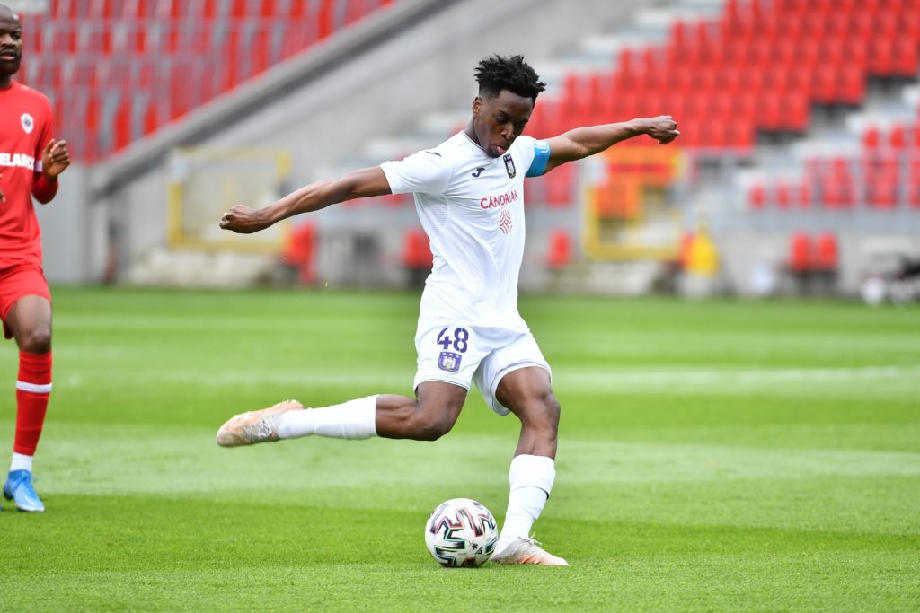 Albert Sambi Lokonga of Anderlecht during the Jupiler Pro League Champions play-offs between Royal Antwerp FC and RSC Anderlecht on May 23, 2021 in Antwerpen, Belgium. Photo by Maarten Straetemans / Isosport