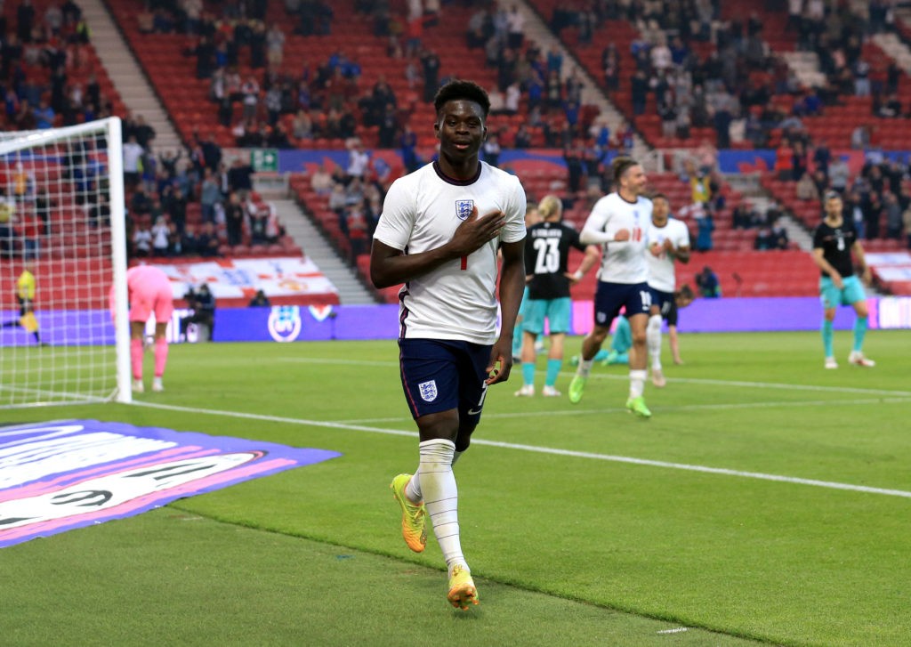 Bukayo Saka celebrates scoring their side s first goal of the game during the International Friendly at The Riverside Stadium, Middlesbrough. Picture date: Wednesday June 2, 2021. Copyright: Lindsey Parnaby