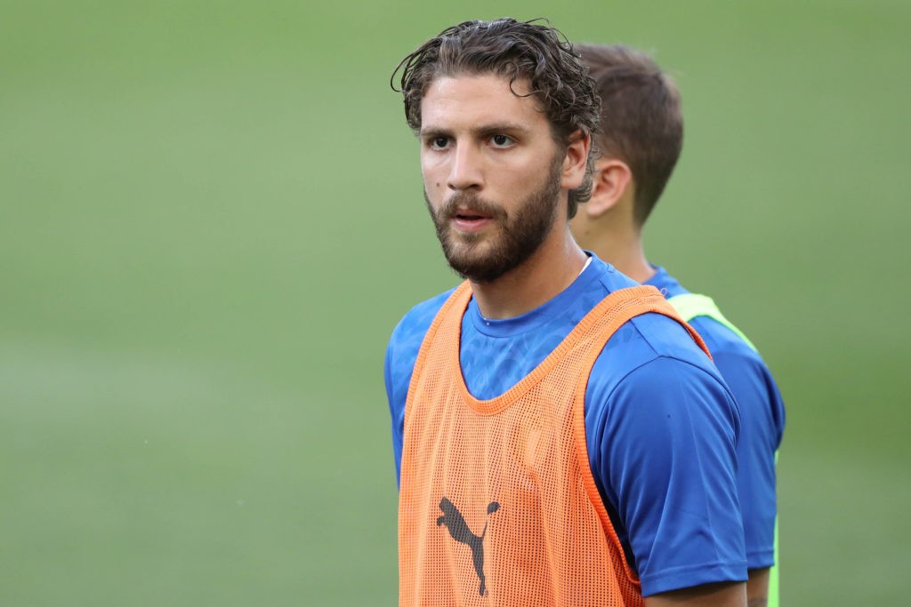Bologna, Italy, 4th June 2021. Manuel Locatelli of Italy during the warm-up prior to the International Football Friendly match at Stadio Dall Ara, Bologna. Picture: Jonathan Moscrop / Sportimage