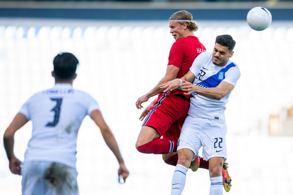 Erling Braut Haaland of Norway and Konstantinos Mavropanos of Greece during the International Friendly football match between Norway and Greece on ...