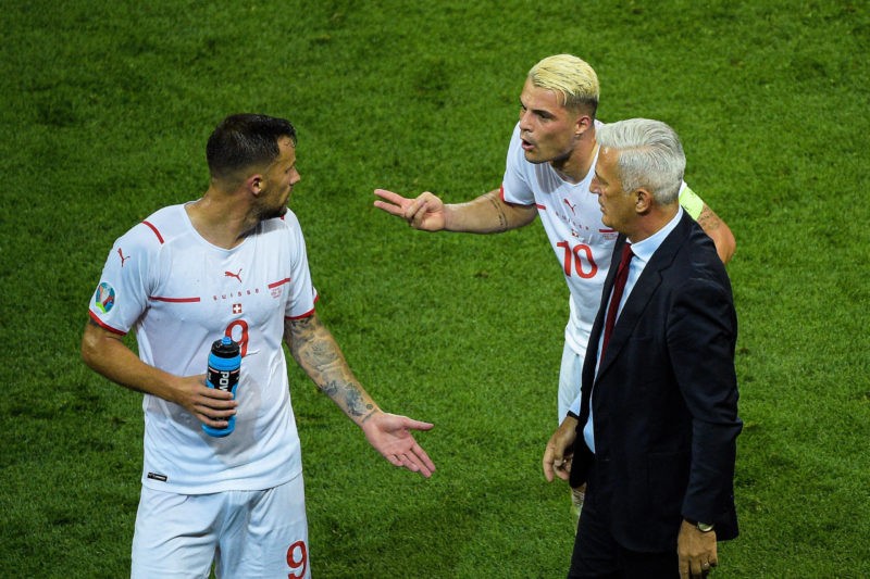 Granit Xhaka: I can learn Italian, many good schools in Rome 3 Haris Seferovic 9 - Suisse - Granit Xhaka 10 - Suisse - Vladimir Petkovic entraineur Suisse - FOOTBALL : France vs Suisse - Bucarest - 28/06/2021 FedericoPestellini/Panoramic
