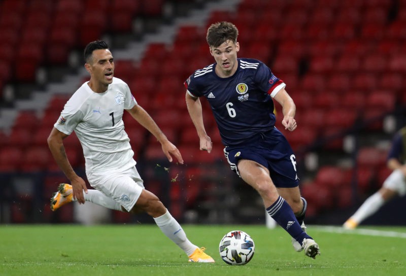 Kieran Tierney right and Israel s Eran Zahavi in action during the UEFA Nations League Group F match at Hampden Park, Glasgow. Copyright: Andrew Mi...