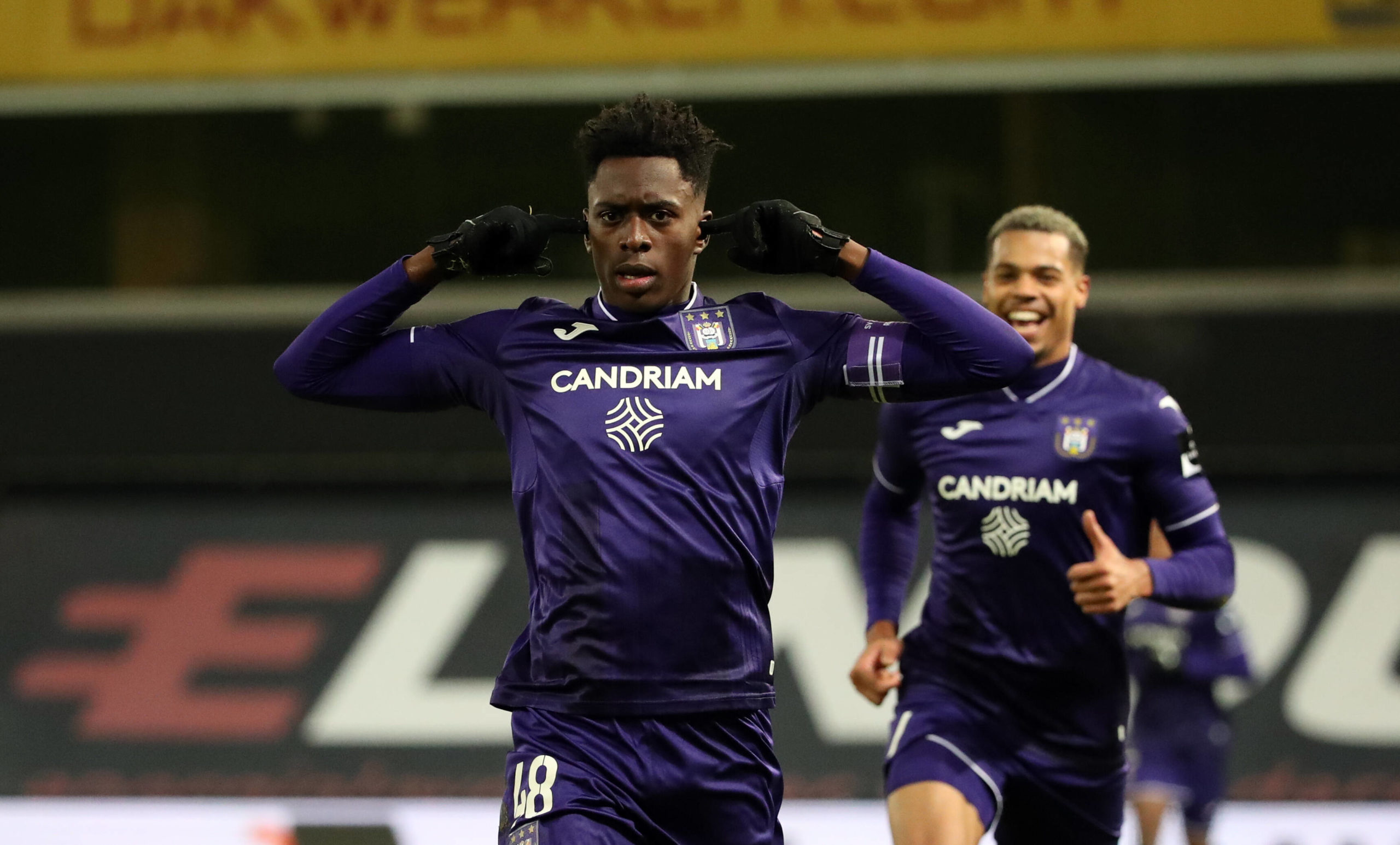 WAREGEM, BELGIUM - DECEMBER 04: Albert Sambi Lokonga of Anderlecht celebrates after scoring the 1-2 goal during the Jupi