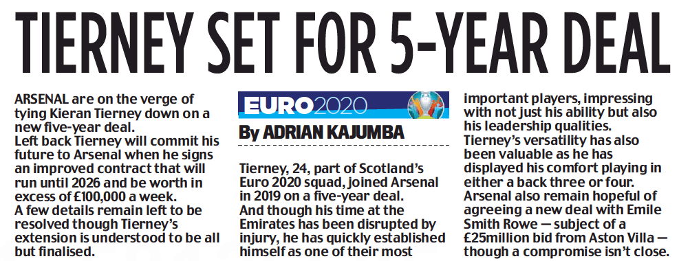 Kieran Tierney new deal - Daily Mail