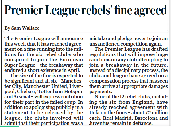 £10.3m in fines: Arsenal's Super League punishment 3 Daily Telegraph, 9 June 2021
