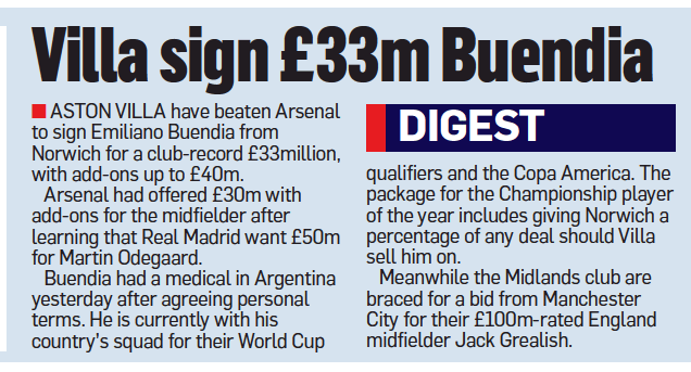 Emi Buendia has medical in Argentina as Arsenal bid falls short 3 Aston Villa sign Emi Buendia - Mail on Sunday, 6/6/21