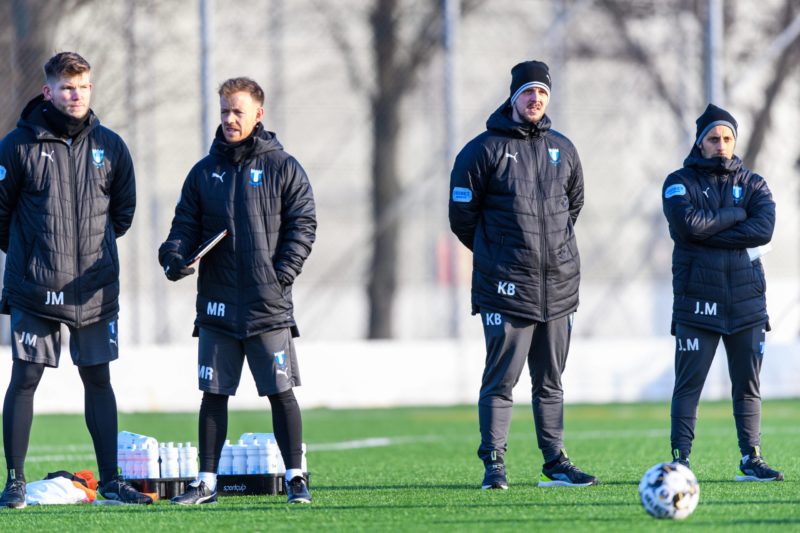 Fitness coach Jamie Mackay and fitness coach Mark Read, video analyst Kevin Balvers, analyst Jos Martinez during a training session with Malmö FF o...