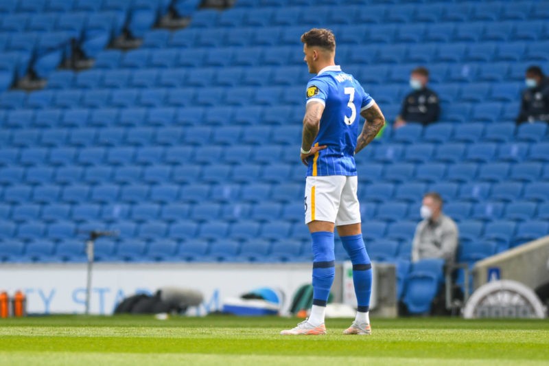 Ben White 3 gestures and reacts at the Premier League match between Brighton and Hove Albion and Leeds United at the American Express Community Sta...