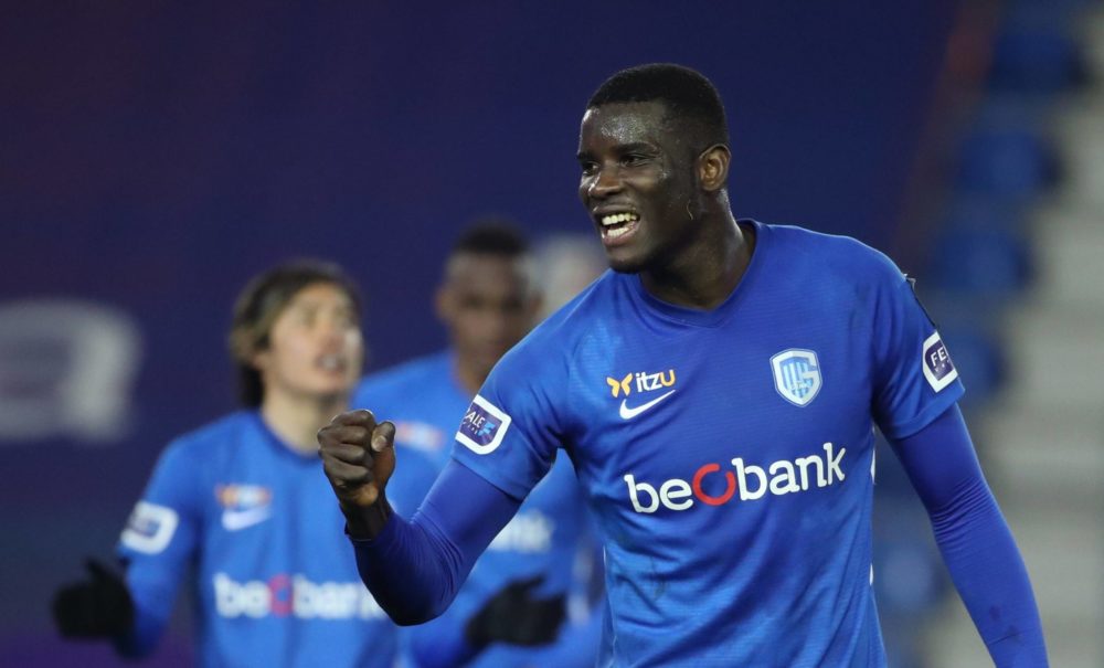 Paul Onuachu of KRC Genk celebrates after winning the Jupiler Pro League Champions play-offs between KRC Genk and Club Brugge on May 07, 2021 in Ge...