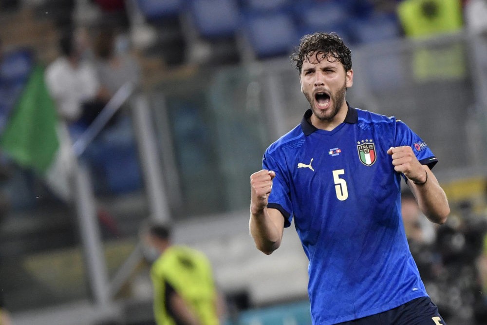 Manuel Locatelli of Italy celebrates after scoring a goal of 1-0 during the Group A football match between Italy and Switzerland at Estadio Olimpic...