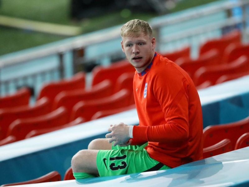 Aaron Ramsdale of England takes his seat on the substitutes bench during the UEFA European Championships match at Wembley Stadium, London. Picture ...