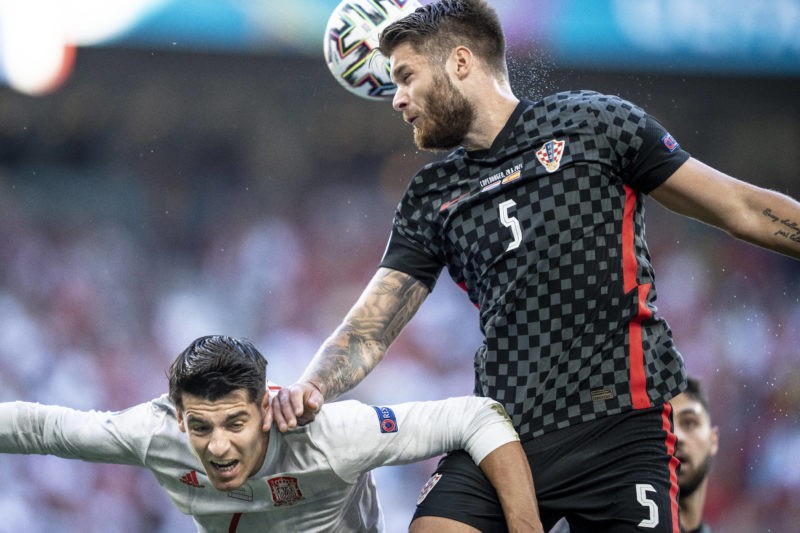 Alvaro Morata and Duje Caleta Car during the EC 1 8 final between Croatia and Spain in the Park in Copenhagen, Monday 28 June 2021, Copenhagen Denm...