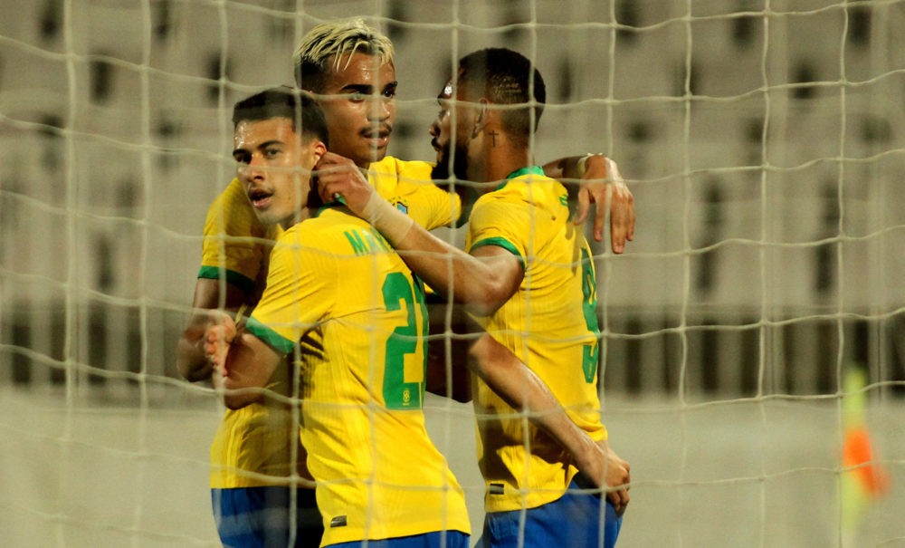 15.07.2021 - Brazil - United Arab Emirates - International Friendly. Gabriel Martinelli, Reinier, and Matheus Cunha celebrating a goal (Photo via I...