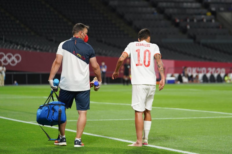 Dani Ceballos 10 Spain gets subbed out injured after a foul during the Mens Olympic Football Tournament Tokyo 2020 match between Egypt and Spain at...