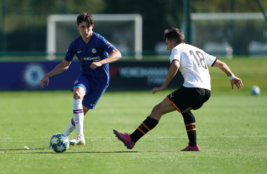 Chelsea v Valencia - UEFA Youth Champions League - Group H - Cobham Training Ground - Chelsea's Valentino Livramento and Valencia's Ignacio Garre (right) battle for the ball. Copyright: Tess Derry
