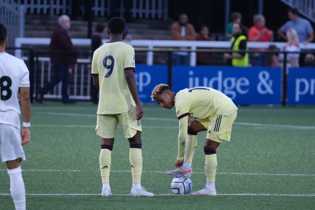 Amario Cozier-Duberry scores in Arsenal u23 defeat to Bromley 2 Omari Hutchinson and Khayon Edwards take kick-off for the Arsenal u23s against Bromley FC (Photo by Dan Critchlow)