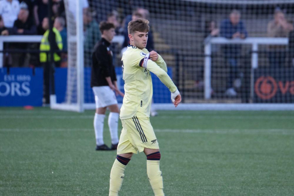 Zak Swanson pulls on the captain's armband for the Arsenal u23s against Bromley FC (Photo by Dan Critchlow)