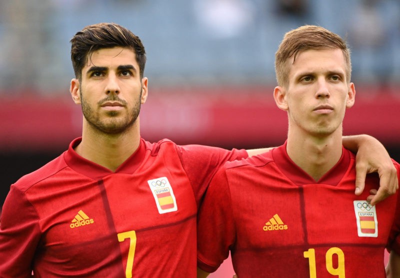 210731 -- MIYAGI, July 31, 2021 -- Marco Asensio L and Dani Olmo of Spain react prior to the quarterfinal match of men s football between Spain and...
