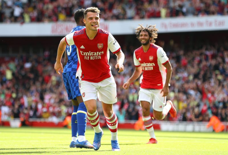 Granit Xhaka celebrates after he scores to make it 1-1 during the Pre Season Friendly match at the Emirates Stadium, London. Picture credit should ...