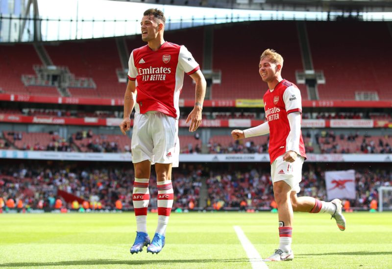 Granit Xhaka celebrates with Emile Smith Rowe after he scores to make it 1-1 during the Pre Season Friendly match at the Emirates Stadium, London. ...