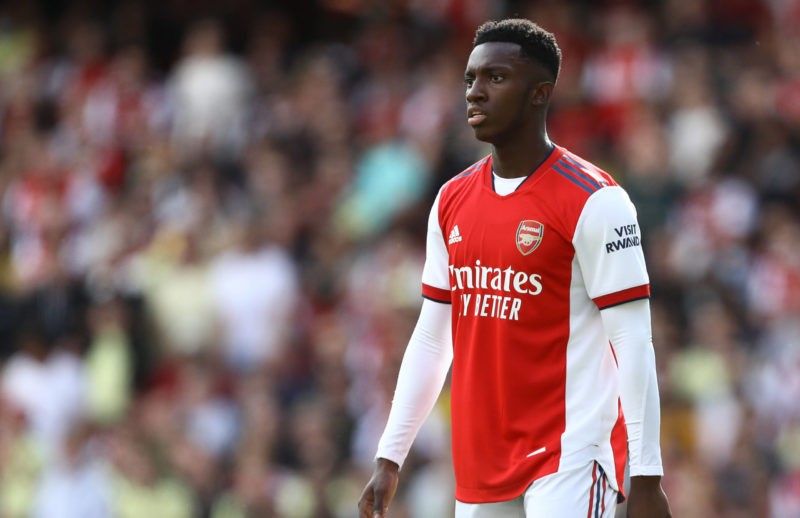 What Arsenal players are out of contract in 2022? 2 London, England, 1st August 2021. Eddie Nketiah of Arsenal during the Pre Season Friendly match at the Emirates Stadium, London. Picture credit should read: Paul Terry / Sportimage SPI-1111-0117