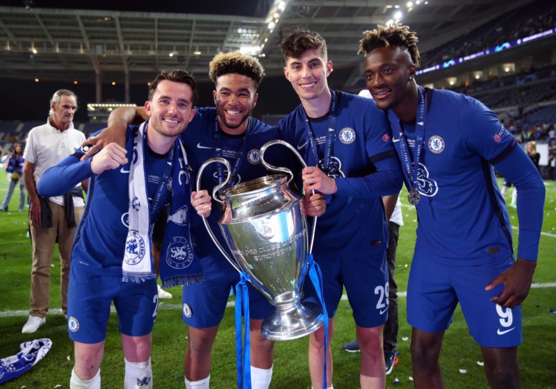 Chelsea's Ben Chilwell, Reece James, Kai Havertz and Tammy Abraham with the trophy following the UEFA Champions League final. Issue date: Monday August 2, 2021. Copyright: Nick Potts