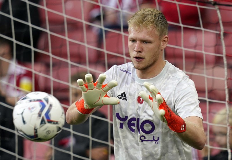 Sheffield, England, 7th August 2021. Aaron Ramsdale of Sheffield Utd during the Sky Bet Championship match at Bramall Lane, Sheffield. Picture cred...