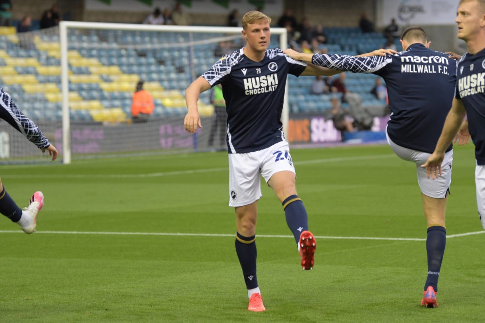 Millwall defender Daniel Ballard warming up prior to the EFL Sky Bet Championship match between Millwall and Fulham at The Den, London, England on ...
