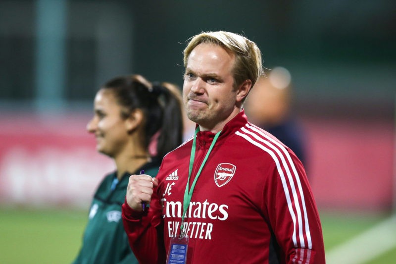 Moscow, Russia, August 21th 2021: Manager Jonas Eidevall Arsenal celebrates his teams victory and entry for the next UWCL round during the UEFA Wom...