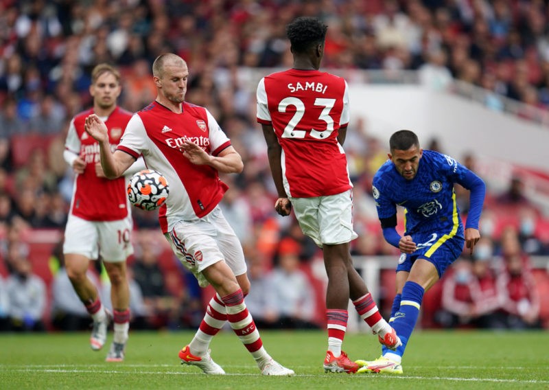 Arsenal v Chelsea - Premier League - Emirates Stadium Chelsea s Hakim Ziyech right attempts a shot on goal during the Premier League match at the E...