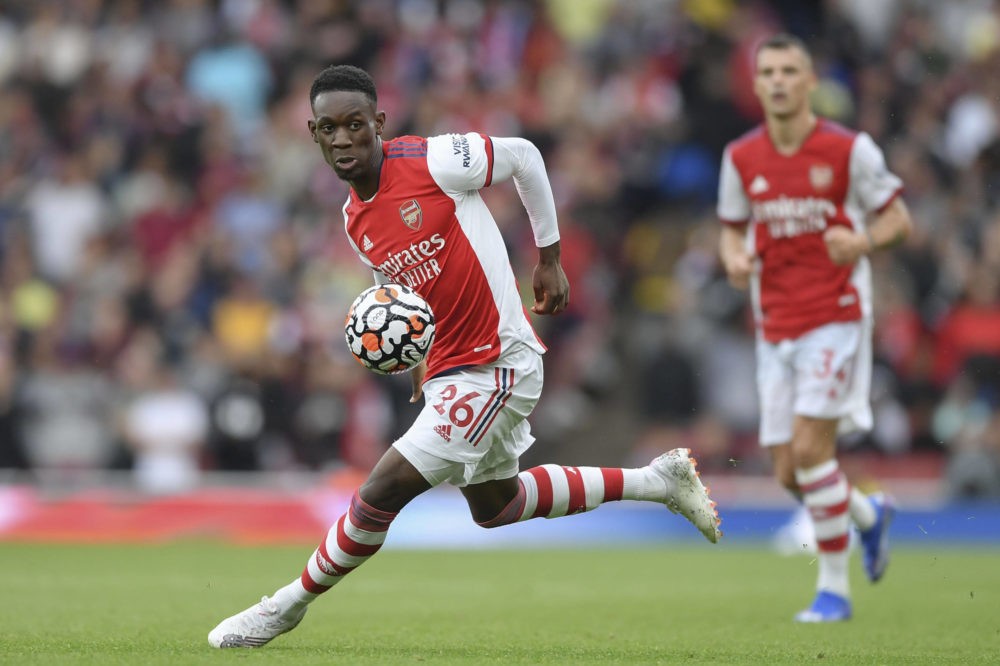 Folarin Balogun of Arsenal in action during the Premier League match between Arsenal and Chelsea at the Emirates Stadium, London, England on 22 Aug...