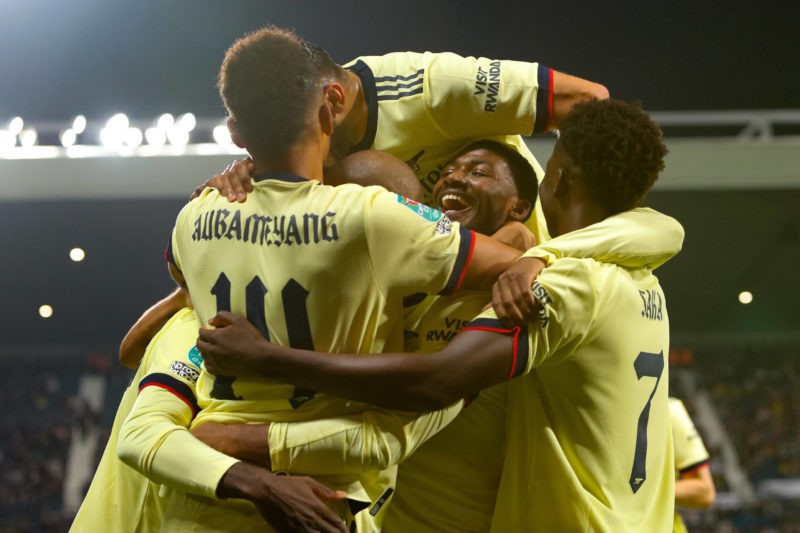 25th August 2021 The Hawthorns, West Bromwich, West Midlands, England EFL Cup Football, West Bromwich Albion versus Arsenal Arsenal players celebra...