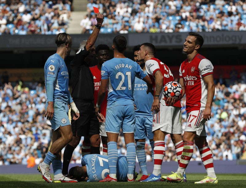 Arsenal don't bother to make Granit Xhaka announcement 2 Manchester, England, 28th August 2021. Granit Xhaka of Arsenal is shown a red card by referee Martin Atkinson during the Premier League match at the Etihad Stadium, Manchester. Picture credit should read: Darren Staples / Sportimage