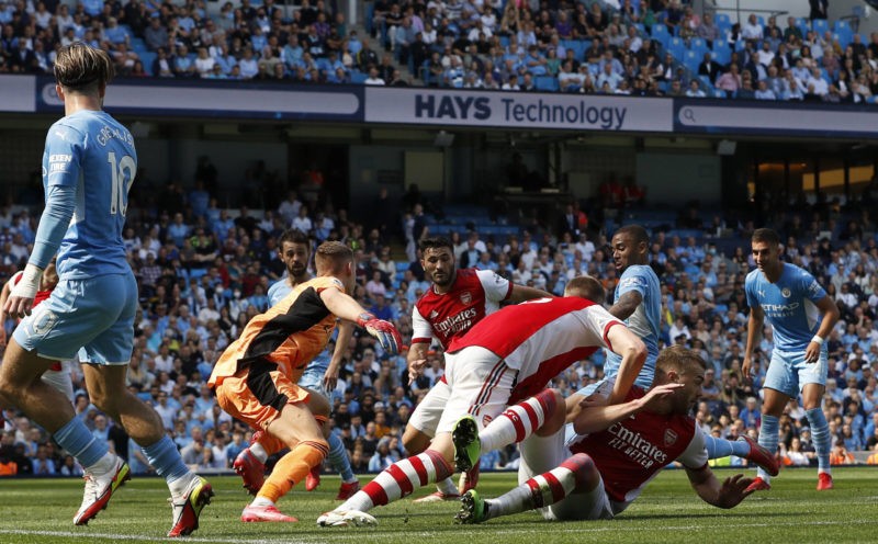 Manchester, England, 28th August 2021. Gabriel Jesus of Manchester City scores their third goal during the Premier League match at the Etihad Stadium, Manchester. Picture credit should read: Darren Staples / Sportimage
