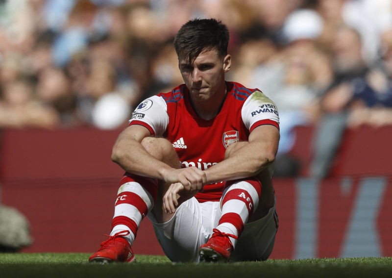 Manchester, England, 28th August 2021. Kieran Tierney of Arsenal reacts during the Premier League match at the Etihad Stadium, Manchester. Picture ...