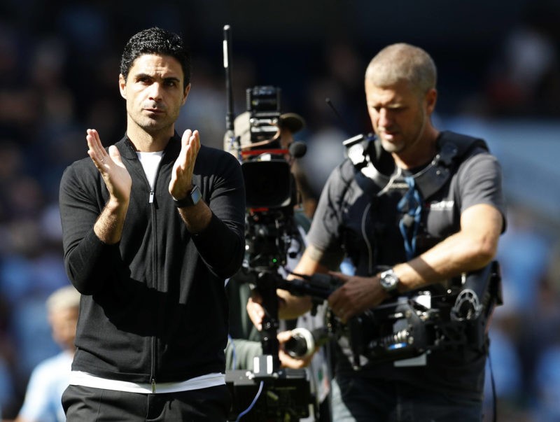 Manchester, England, 28th August 2021. Mikel Arteta manager of Arsenal applauds the fans after the Premier League match at the Etihad Stadium, Manc...