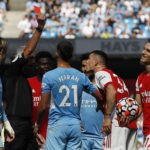 Manchester, England, 28th August 2021. Granit Xhaka of Arsenal is shown a red card by referee Martin Atkinson during the Premier League match at the Etihad Stadium, Manchester. Picture credit should read: Darren Staples / Sportimage