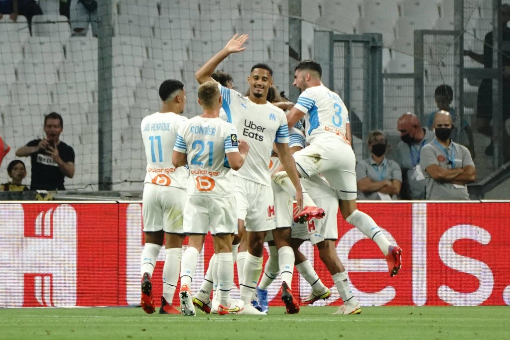 Valentin Rongier Olympique de Marseille - William Saliba Olympique de Marseille - Alvaro Gonzalez Olympique de Marseille FOOTBALL : Olympique de Marseille vs AS Saint Etienne - Ligue 1 Uber Eats - Marseille - 28/08/2021 NorbertScanella/PanoramiC