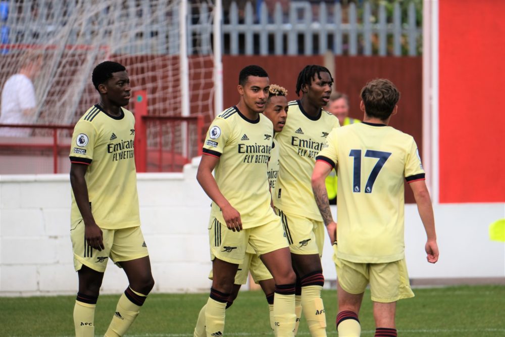 Miguel Azeez (2L) and the Arsenal u23s celebrate his goal against Ebbsfleet United (Photo by Dan Critchlow)