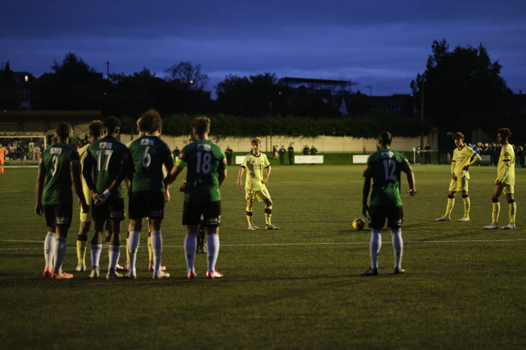 Mathaeus Roberts (2R) stands over a free-kick for the Arsenal u18s (Photo by Dan Critchlow)