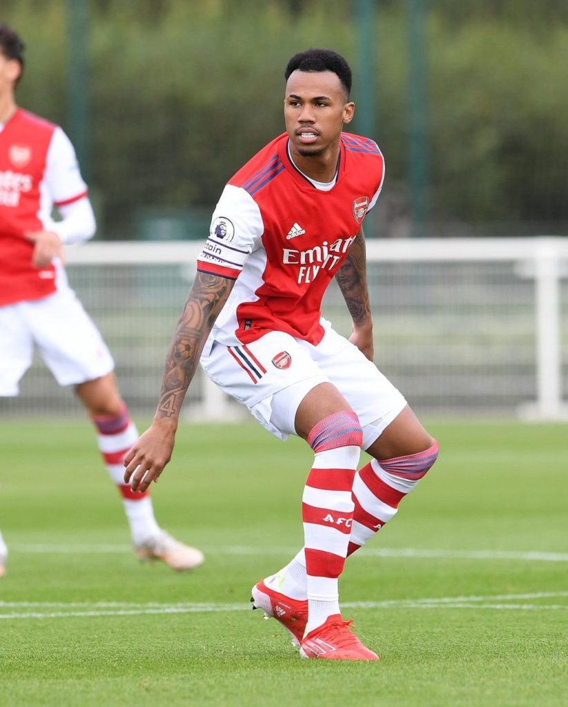 Gabriel Magalhaes playing for the Arsenal u23s against Spurs (Photo via Gabriel on Instagram)