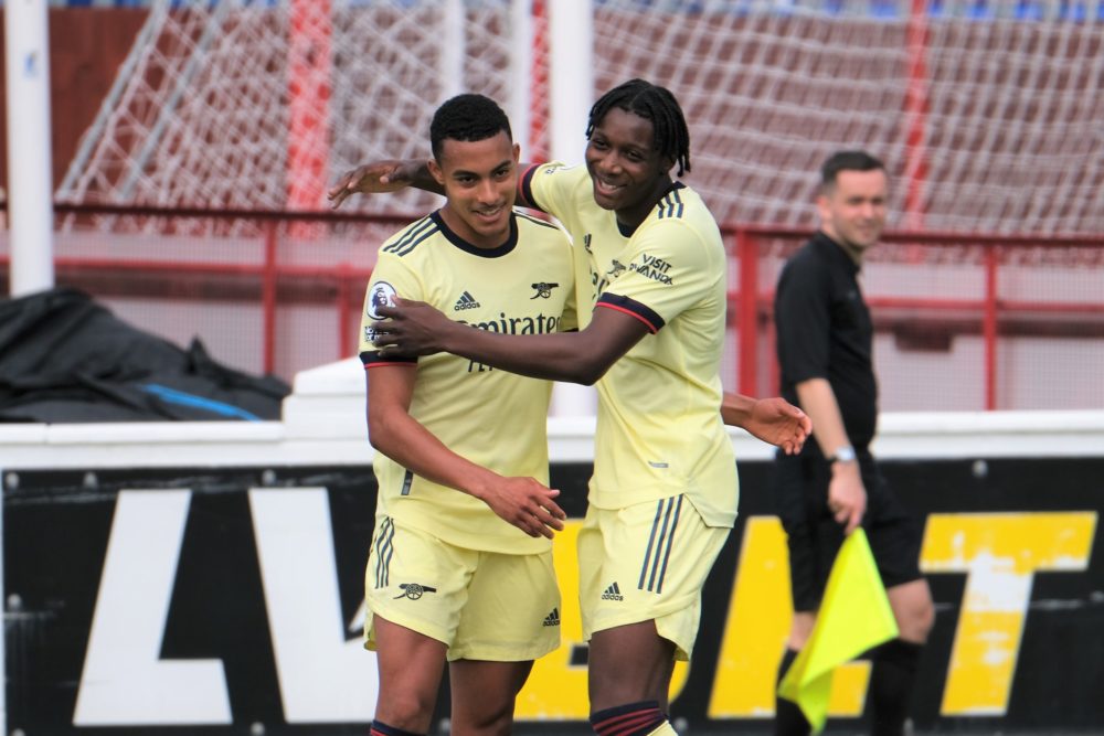 Miguel Azeez (L) and Brooke Norton-Cuffy celebrate Azeez's goal against Ebbsfleet United (Photo by Dan Critchlow)