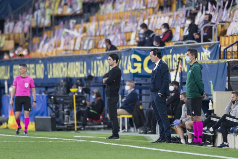 April 29, 2021, Villarreal, Spain: Unai Emery of Villarreal CF and Mikel Arteta of Arsenal FC are seen during the UEFA Europa League Semi Final Fir...