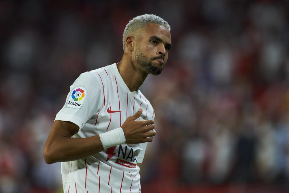Youssef En-Nesyri of Sevilla celebrates a goal during the Spanish league match played between Sevilla FC and Rayo Vallecano at Ramon Sanchez-Pizjua...
