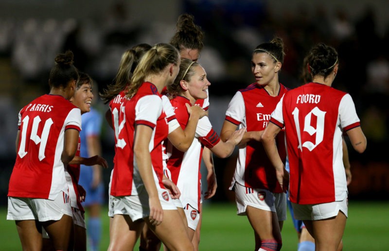 Arsenal take big step towards Champions League proper with easy win 3 Arsenal Women v Slavia Prague Women - Women s Champions League Qualifying Second Round - First Leg Kim Little of Arsenal celebrates her goal during Women s Champions League Qualifying Second Round First Leg between Arsenal Women and Slavia Prague Women at Meadow Park Stadium , Borehamwood, UK on 31st August 2021 Borehamwood England Copyright: Action Foto Sport